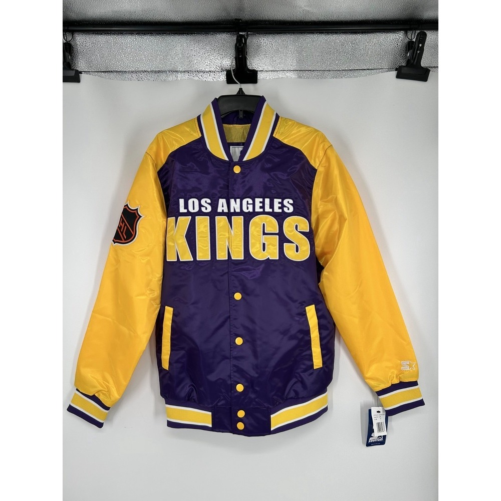 Starter NHL Los Angeles Kings Diveplay Varsity Jacket Mens M Purple Yellow Satin